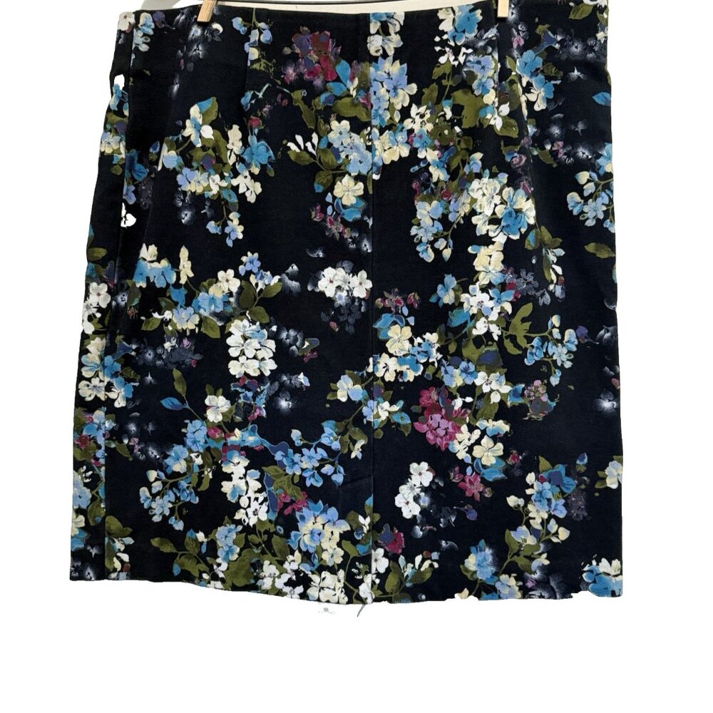 J Jill Floral Ponte Pencil Skirt Size XL Stretch Pull On Slit Blue Preppy Career